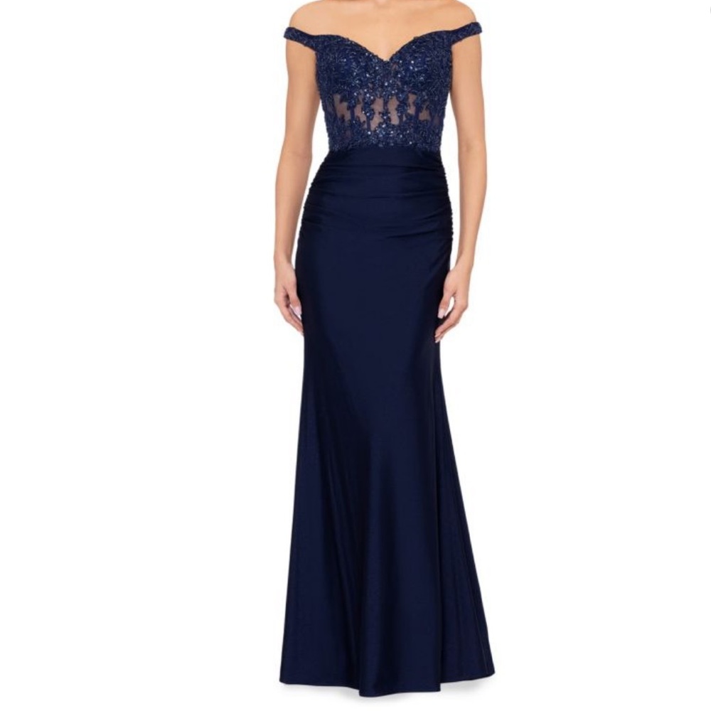 Betsy & Adam Off Shoulder Long Elegant Navy Beaded Evening Gown NEW With Tags 6